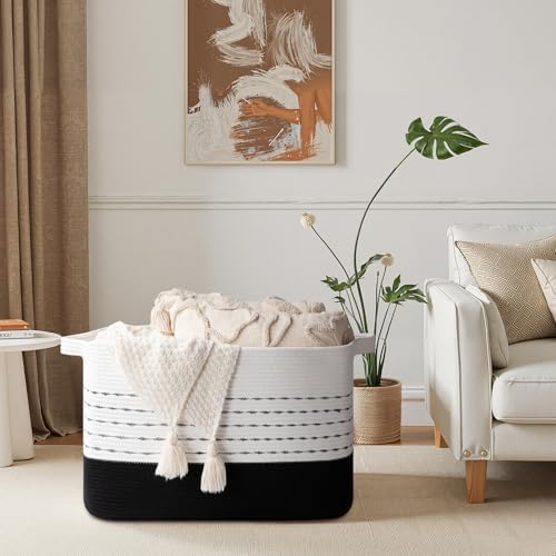 OIAHOMY 108L Extra Large Blanket Basket, 25”x16”x16” Rectangle Woven Cotton Rope Baskets for Living Room, Toy Storage with Handle- Gradient Black