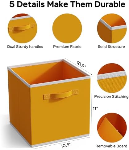 MAX Houser 6 Pack Foldable Fabric Storage Bins with Dual Handles, Yellow | 6 pack cloth storage bins with dual carry handles, Foldable Storage Cubes Organizer Baskets, ideal for home bedroom closet
