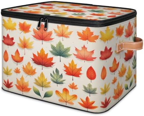 Fall Collapsible Fabric Storage Bin with Zipper Lid | Storage Basket, Foldable, Waterproof, Handle, Large, Closet Organizer, Home, Fall Maple Leaves