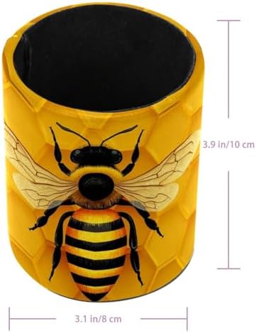 Faux Leather Pen Holder for Desk, Pencil Organizer Bee Pen Cup Desk Decor Makeup Brush Holder Storage for Office Home