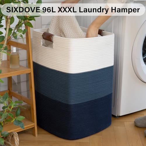 Laundry Hamper 96L Extra Large Laundry Basket, Woven Blanket Basket | Cotton Woven Storage Hamper with Handles for Living Room, Large Baskets for Pillows, Blankets, Clothes-Gradient Blue