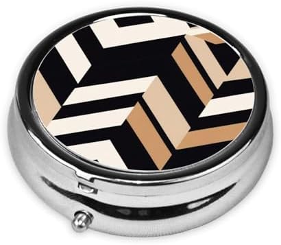 ZhongGuo Black White Tan Zigzag Printed Pill Organizer,Round Travel Pill Organizer Mini Medicine Pill Box for Purse Iron Plating