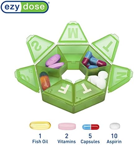 Ezy Dose Weekly (7-Day) Pill Organizer, 7-Sided Medicine Planner, Green | Compact Daily Round Vitamin & Supplement Medicine Case, Convenient and Easy to Use, Travel-Friendly Container, BPA-Free