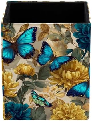 Butterflies and Flowers Pen Holder for Desk Decor, Rectangular PVC Leather Pencil Cup for Desk Pen Organizer, Makeup Brush Holder for School, Home, Office