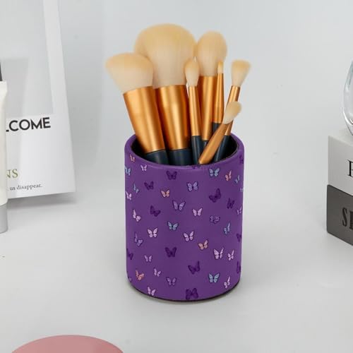 Faux Leather Pen Holder for Desk, Pencil Organizer Butterfly Pen Cup Desk Decor Makeup Brush Holder Storage for Office Home