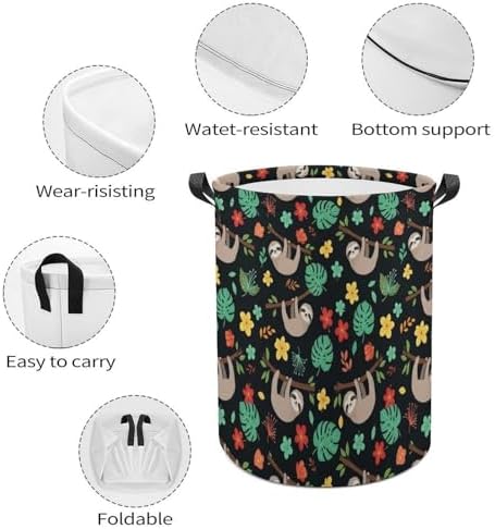 Foldable Waterproof Laundry Basket Floral Flowers Cute Branch Sloth, Portable Hamper with Handles for Clothes, Toy, and Bedroom Organization