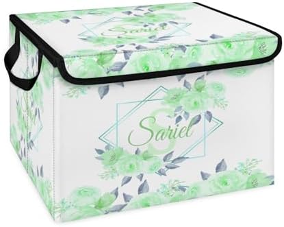 Green Floral Storage Bin with Lid Personalized Storage Baskets for Organizing Foldable Closet Organizers with Handles,Cute Basket for Boys Girls for Clothes Blanket Pet Dog Toy Basket Storage (1 Pack)