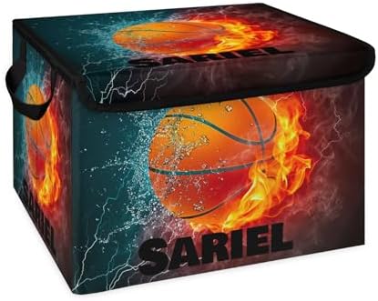Basketball Storage Bin with Lid Personalized Storage Baskets for Organizing Foldable Closet Organizers with Handles,Cute Basket for Boys Girls for Clothes Blanket Pet Dog Toy Basket Storage (1 Pack)