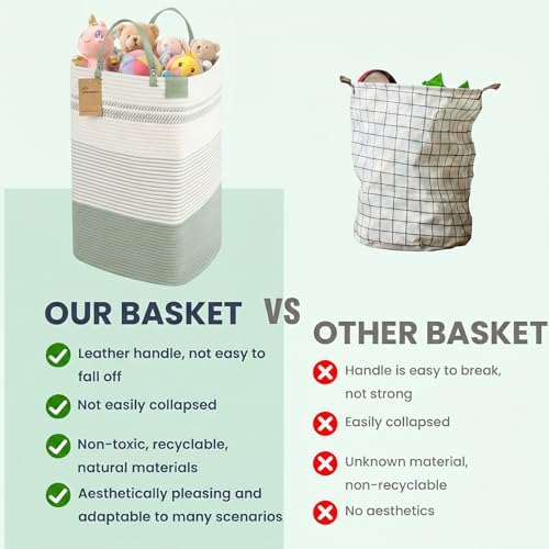 danpinera 75L Woven Laundry Hamper with Long Leather Handles, Baby Laundry Basket for Nursery, Tall Hampers for Bedroom Aesthetic, Decorative Clothes Storage Basket for Family, White & Light Green