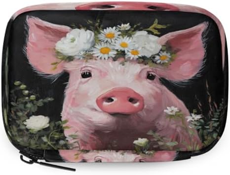 Weekly Pill Organizer Travel Size Bag with Removable 7 Day Pill Box Portable Vitamin Case Purse with Zipper,Pink Pig Flower Crown Oil Painting