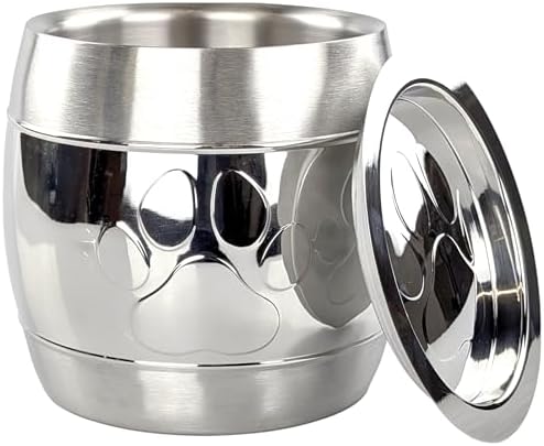 BREKX Premium Steel Dog Treat Container, Insulated Airtight Pet Food Container with Paw Print Design, Modern Silver Brushed Steel Dog Storage for Treats, 12-Cup Capacity