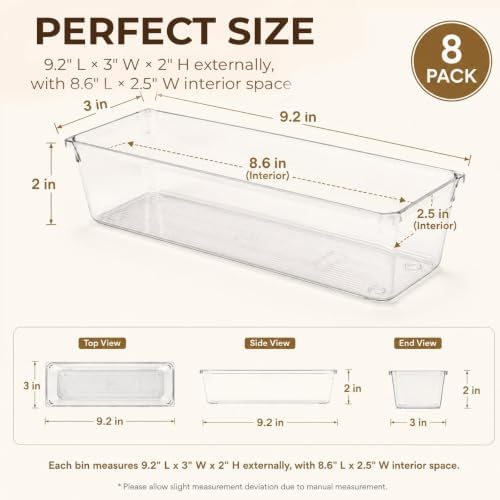 LotFancy 8 Pack Clear Plastic Drawer Organizer Bins, Small Item Organizers
