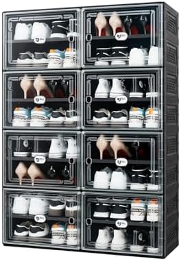 Black Shoe Storage Cabinet for 32 Pairs with Magnetic Clear Doors | Tool-free Assembly, Foldable Shoe Rack, Reinforecd Structure, Anti-Tiping, Furniture for Shoe Organizer, Closet, Garage