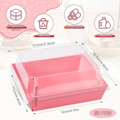 50 Pack Small Charcuterie Boxes with Clear Lids,5 inches Disposable Food Containers,Pink Dessert Boxes with Thank You Stickers,Bakery Box for Sandwich, Strawberries,Cookie,Cake Slice(Pink)