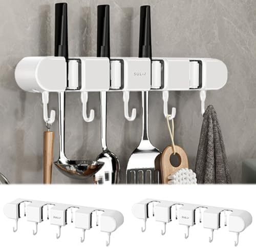 2Pcs Broom Holder Wall Mount, No-Drilling Self-Adhesive Mop and Broom Storage Rack with Hooks (4 Racks with 5 Hooks), Wall-Mounted Broom Hanger for Bathroom, Kitchen, Closet, Garage (White ﻿)