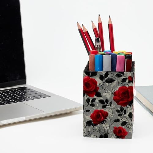 Beautiful Rose Pen Holder for Desk Decor, Rectangular PVC Leather Pencil Cup for Desk Pen Organizer, Makeup Brush Holder for School, Home, Office