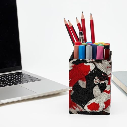 Lucky Fish Pen Holder for Desk Decor, Rectangular PVC Leather Pencil Cup for Desk Pen Organizer, Makeup Brush Holder for School, Home, Office
