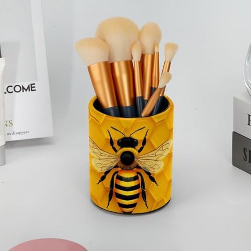 Faux Leather Pen Holder for Desk, Pencil Organizer Bee Pen Cup Desk Decor Makeup Brush Holder Storage for Office Home