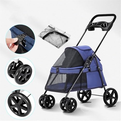 Small Pet Dog Pram Stroller for Cats with Cup Holder, Dog Strollers for Small Dogs Premium Stroller with Rain Cover, Breathable Pushchairs Pet Gear(Blue)