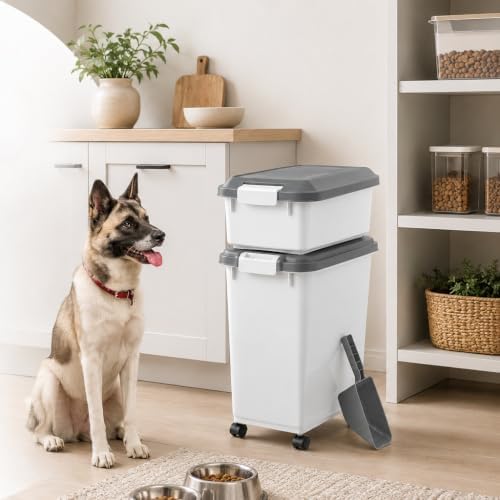 Airtight Pet Food Storage Container with Wheels and Scoop, Moisture-Proof Dog Cat Food Bin, Easy-Moving Kitchen Pantry Organizer (30 Lbs. + 11 Lbs.)