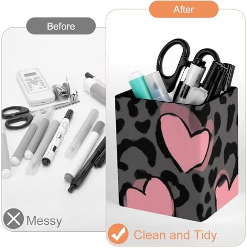 Fashion Leather Pen Holder Desktop Stationery Organizer Makeup Brush Cup Love Heart Dark Gray Black Leopard Cheetah Print