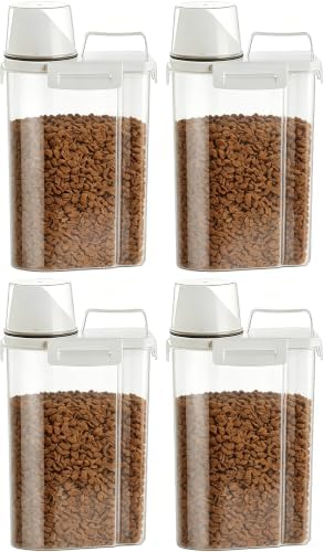 Gagee 4 Pack 3-5 Lb Pet Dog Cat Food Storage Container With Measuring Cup | Cereal Dry Food Flour Bin, Rice Dispenser, BPA Free Plastic Kitchen and Pantry Organization Bin for Sugar,Clear