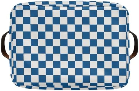 Navy Blue Grid Checked Plaid Storage Basket Canvas Fabric Foldable Storage Bins Boxes Organizer with Handles for Home 14×10×8.3 Inch 1 Pack