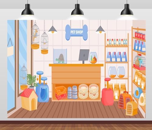 BELECO 6x4ft Fabric Cartoon Pet Shop Backdrop Pet Store with Doghouse Birds Cage Fish Tank Animals Food Photography Background Pet Party Decorations Kids Children Portrait Photoshoot Studio Props