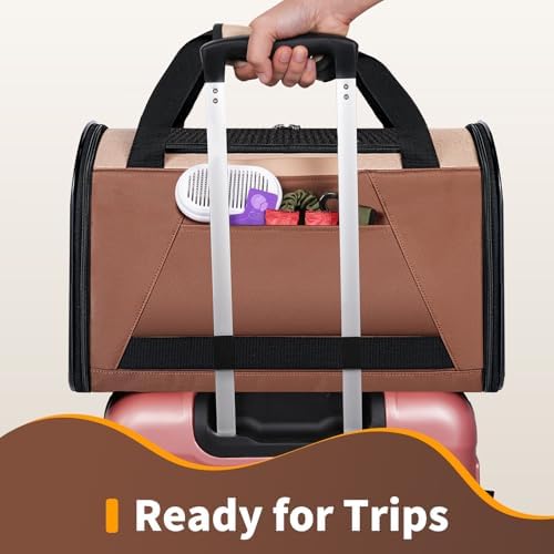 Collapsible Small Pet Carrier for Cat 15 lbs with Fashion Pocket Travel Bag | Lightweight Sturdy Little Puppy Dog Carry Crate, Breathable Stylish Kitten Soft Cage Kennel, Portable Yorkie Box Khaki