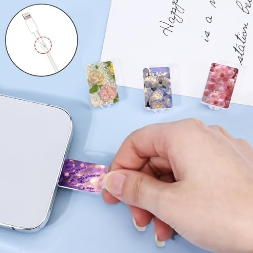 CameCosy Cable Protector for iPhone Type-c Charger, Lavender/White Blue Roses/Cherry Blossoms Pattern 4PCS Phone Charger Protector,Charging Cord Protector,Cable Chomper,Charger Case