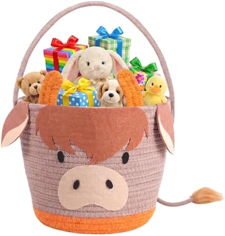 Small Woven Storage Basket with Handle, Cute Cartoon Cow Baskets for Gift Empty, Cotton Rope Storage Basket for Toy Organizer