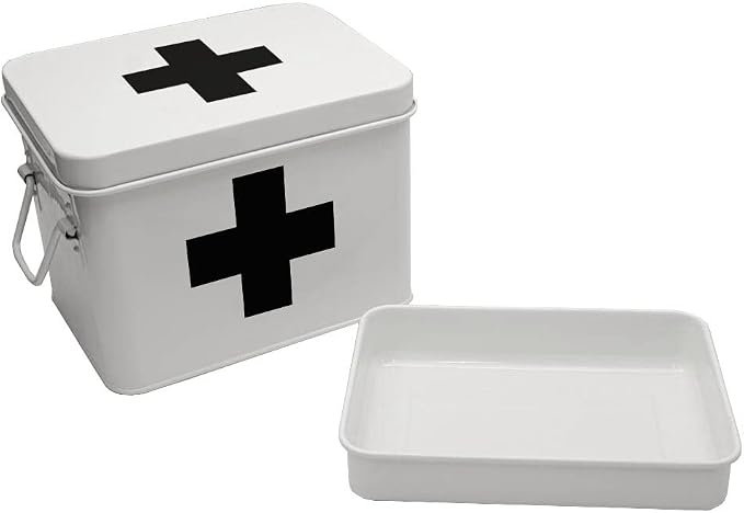 Lassos Boutique Retro Enameled First Aid Box for Medicine Storage and Home Decor with Lid and Removable Tray (White/Black)
