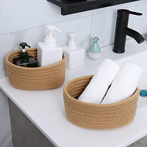 【2 Pack】ABenkle Small Woven Baskets, Tiny Oval Shallow Storage Baskets, Mini Cotton Rope Empty Decorative Basket, Boho Little Organizer Bins for Bathroom, Cat Dog Toy Gifts Baskets