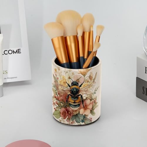 Faux Leather Pen Holder for Desk, Pencil Organizer Bee Pen Cup Desk Decor Makeup Brush Holder Storage for Office Home