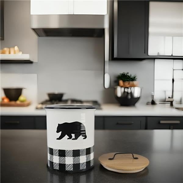 Young's Ceramic Treat Jar with Airtight Lid, Black and White Buffalo Plaid Bear Dog Treat Container, Decorative Cat Food Storage Canister