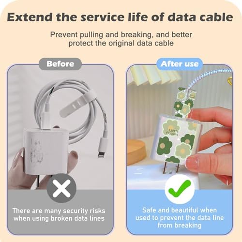 Cute DIY Cable Protector for iPhone Adapter Charger, Green Little Flowers Design, Soft TPU Data Cable Case Data Line Cord Saver Charger Protective Case for iPhone 11 12 13 14 15 Pro Max