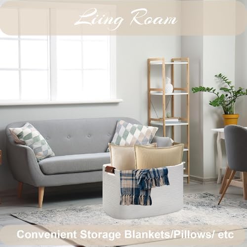 Large Cotton Rope Storage/Laundry Hamper Basket | Leather Handles, Durable & Stylish, Foldable, Handmade, Blanket/Toy/Nursery/Laundry/Living Room/Bathroom/Bedroom/Home Decor