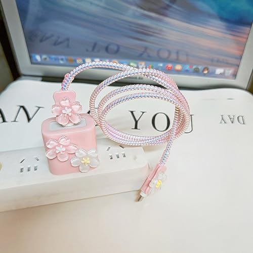 Flower Cable Protector for iPhone Charger Protector Cute 3D Cherry Blossoms Design,Floral iPad Charger Cover,Charger Cord Protector for Women Girl,DIY Phone Cord Protector for iPhone 15 16 17 Pro Max