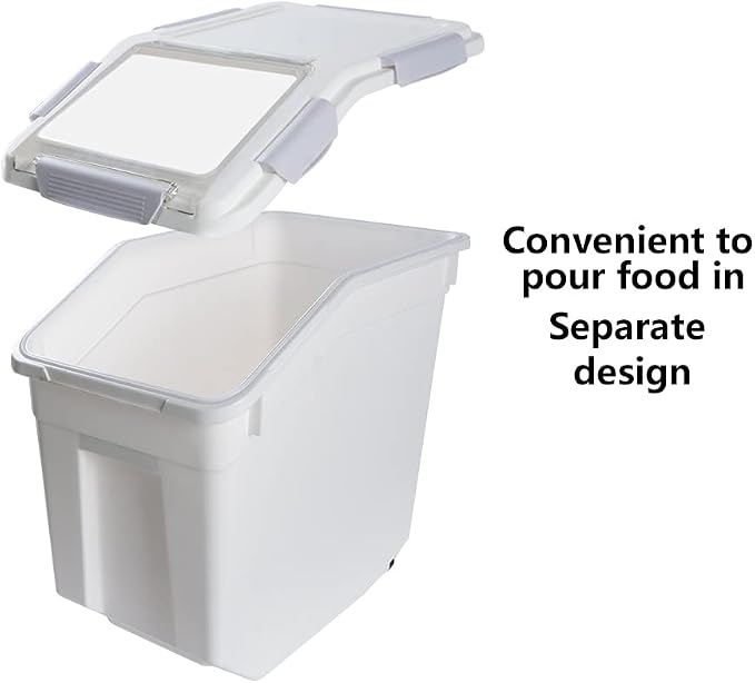 Airtight Flour Storage Container 25 lb Rice Storage Container with Wheels Seal Locking Lid, Food Containers with Measuring Cup& Scoop for Flour, Rice, Grain(Gray)