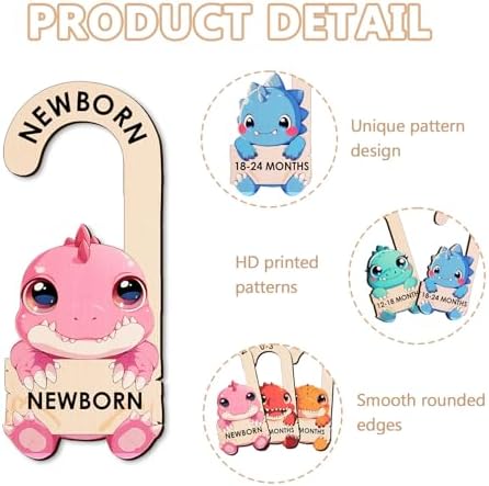 Baby Clothes Dividers for Closet - Wooden Baby Size Closet Dividers Newborn to 24 Months, Unique Dinosaur Design Babies Clothes Organizer for Nursery Decor Gender-Neutral Newborn Hangers (Set of 8)