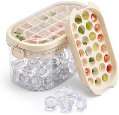 Ice Cube Tray with Bin & Lid, 54-Cell Dual Shape Molds, Yellow | 54-cavity silicone pop out, food-grade PET, clear storage box, collapsible handle, for freezer, party picnic cold drink