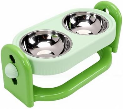 Pssopp Cat Feeding Station Adjustable Elevated Cat Bowl, Anti Vomiting Slanted Tilted Double Bowls Design Food and Water Dispenser Stand for Indoor Pets Supplies (Green)