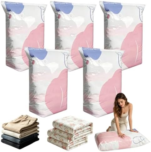 No-Pump Vacuum Storage Bags, 2026 New Press & Seal Reusable Space-Saving Bags，Air Tight Compression Storage Bags for Clothes, Comforters, Blankets, Bedding, Travel Home Organization(31.5x39.4in,5pc)