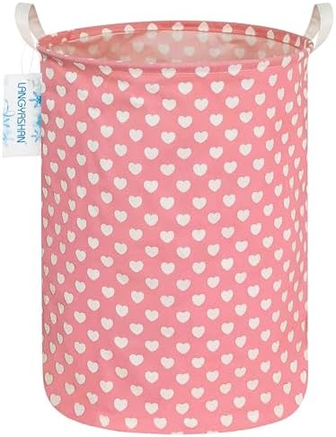 Round Laundry Basket Collapsible Storage Hamper Organizer Pink Heart | Waterproof Canvas Foldable Baskets with sturdy Handles Multi-scene Organizer for Home Play Bedroom Gift Bin