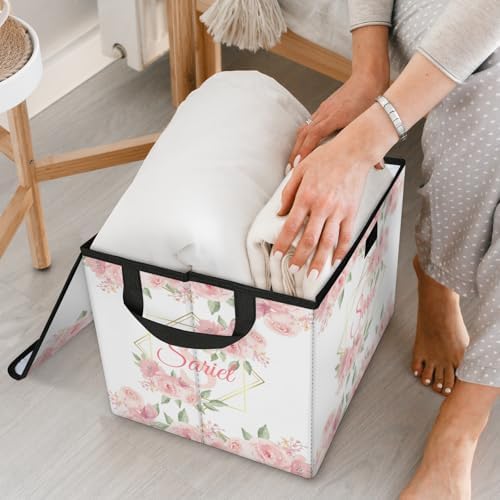 Pink Floral Storage Bin with Lid Personalized Storage Baskets for Organizing Foldable Closet Organizers with Handles,Cute Basket for Boys Girls for Clothes Blanket Pet Dog Toy Basket Storage (2 Pack)