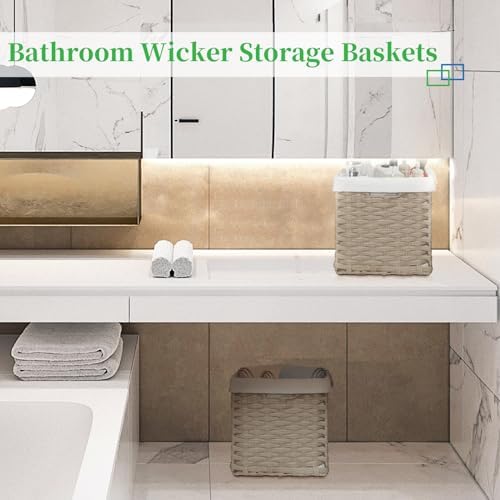 Bidtakay Wicker Baskets for Shelves Waterproof Imitation Wicker Cube Storage Bins with Liners for Organizing Closet Cabinet 2-Pack 11x11 inch Storage Cube Organizer for Pantry-Greyish Beige