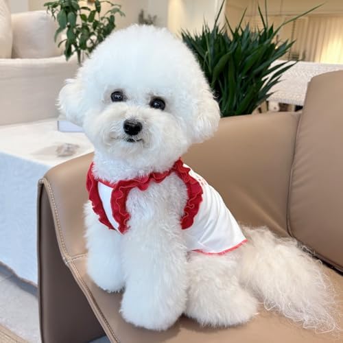 Cute Strawberry Dog Tank Top, Ruffled Edge Pet Clothes for Small Dogs Cats, Adorable Puppy Apparel with Cherry Decoration (Large)