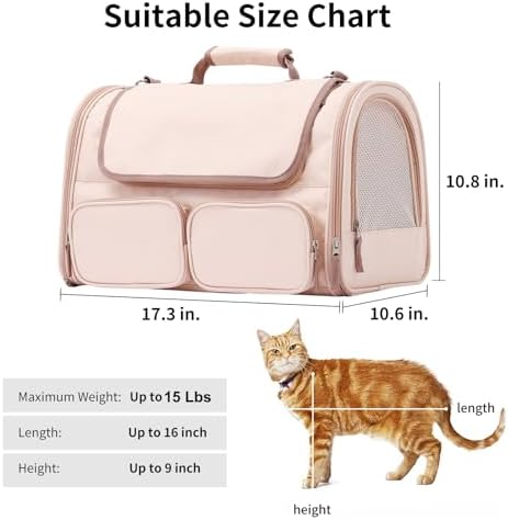 FUKUMARU Cat Carrier, Airline Approved Dog Carrier with Rollable Cover | Breathable Soft Cat Carrier, Multiple Doors & 4 Storage Pockets Cat Travel Bag, Durable Pet Carrier for Cat Under 15 lb, Pink
