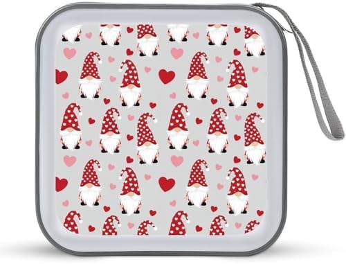 DVD Storage Binder for 40 Discs Love Heart Gnome Pattern, Hard Shell Protective Wallet with Handle, Portable CD Organizer for Car Travel