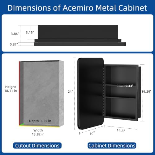 ACEMIRO 16x24 Inch Black Mirror Medicine Cabinet Metal Framed Recessed Wall Mounted Bathroom Medicine Cabinet with Mirror and Storage